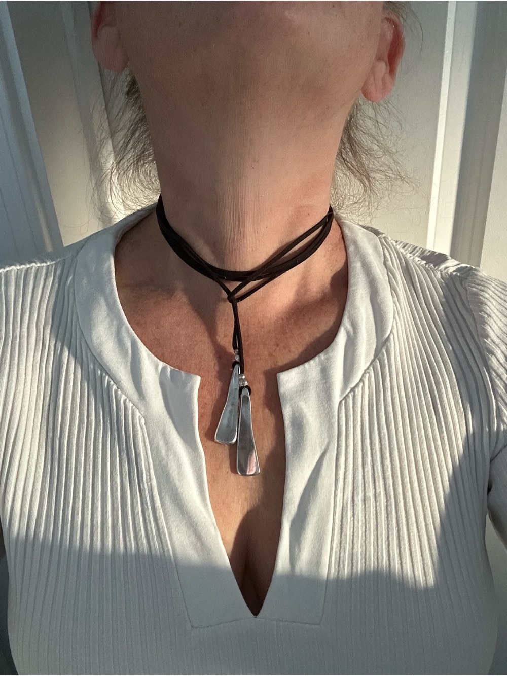Leather Wrap Choker Necklace with Silver Pendant - Black